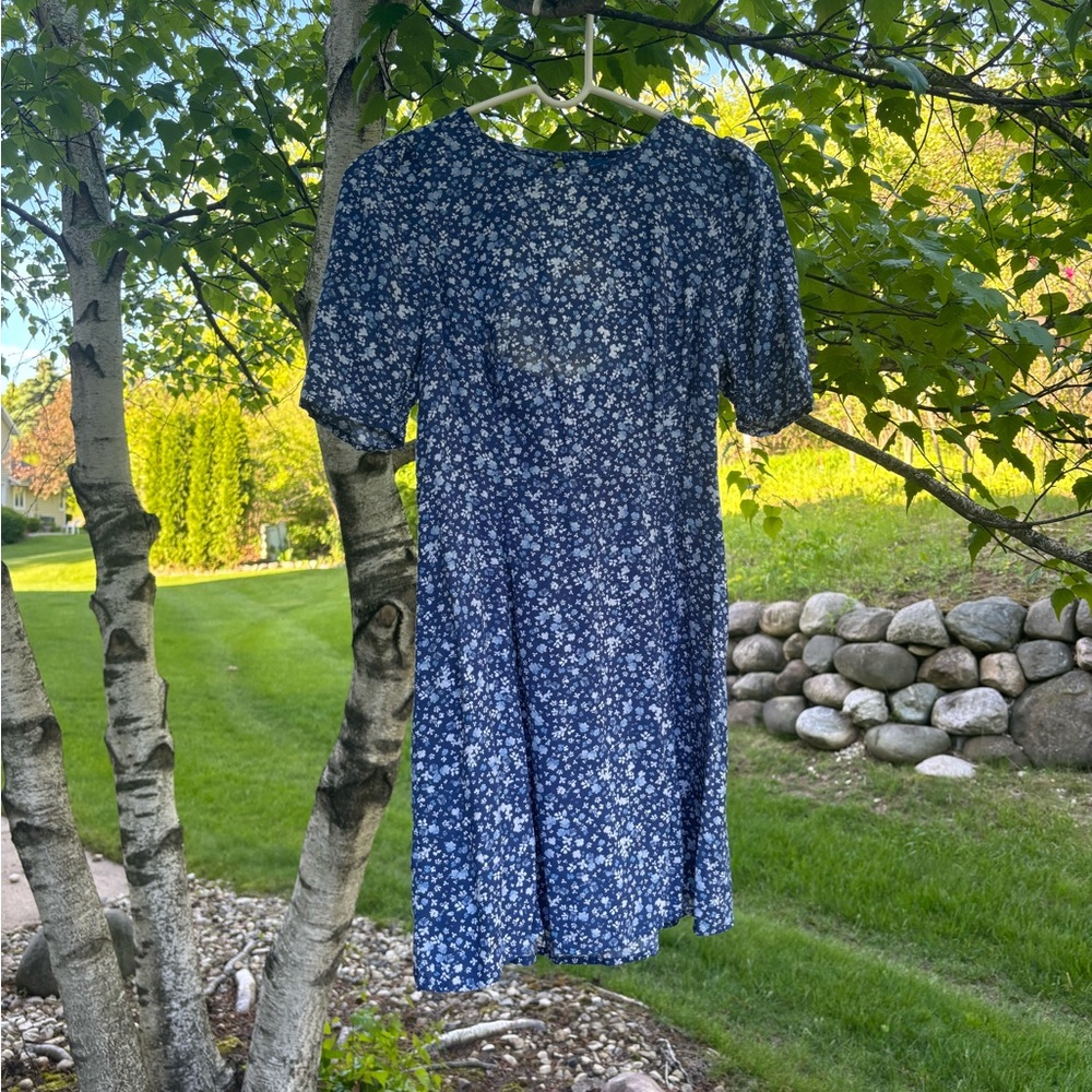 Short Sleeve Blue Floral Dress with Back Cutout